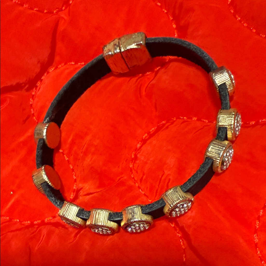 Gold-Accent Black Leather Bracelet With Crystal Detailing